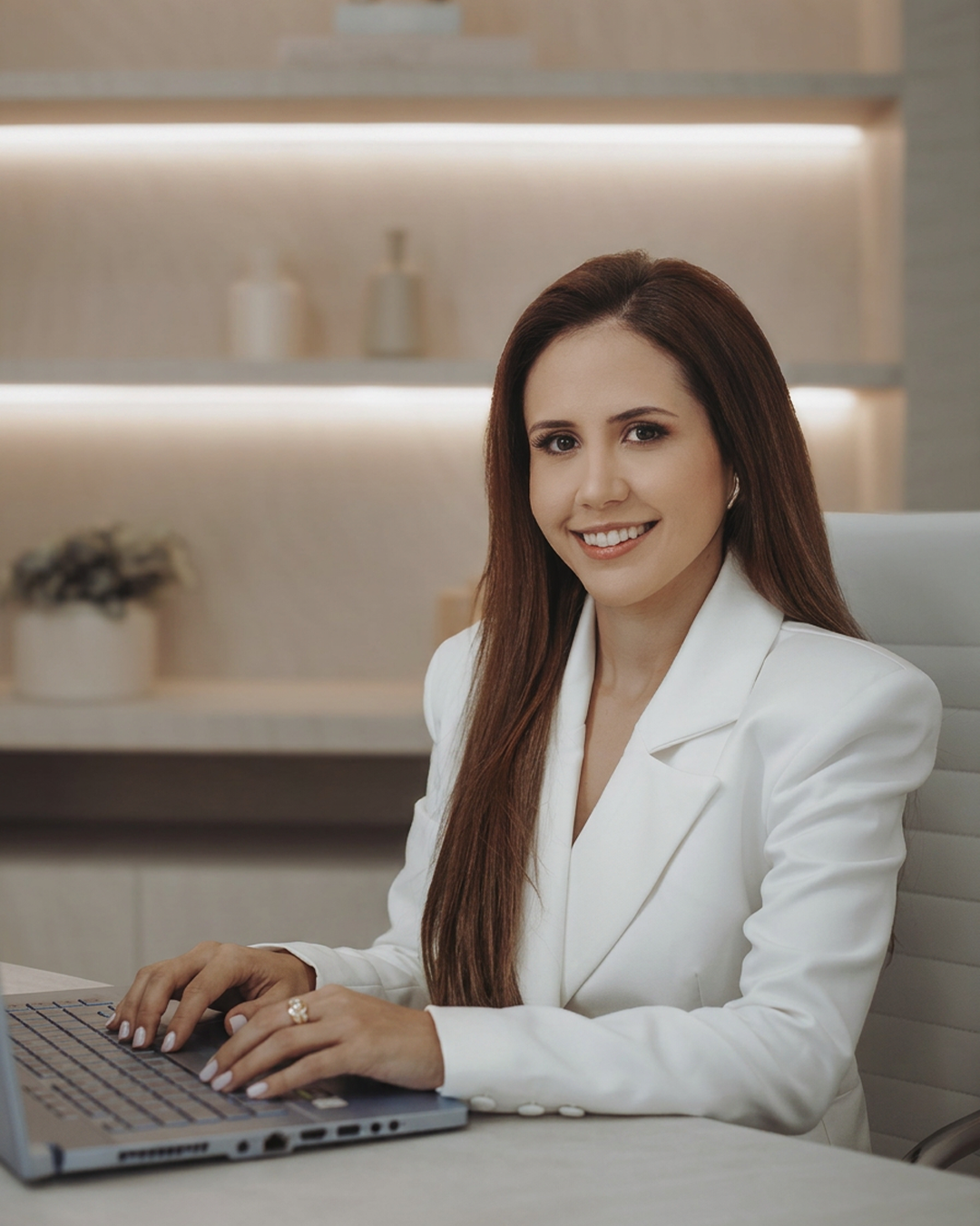 Dra. Daniella Andretta em atendimento online, ao lado do notebook